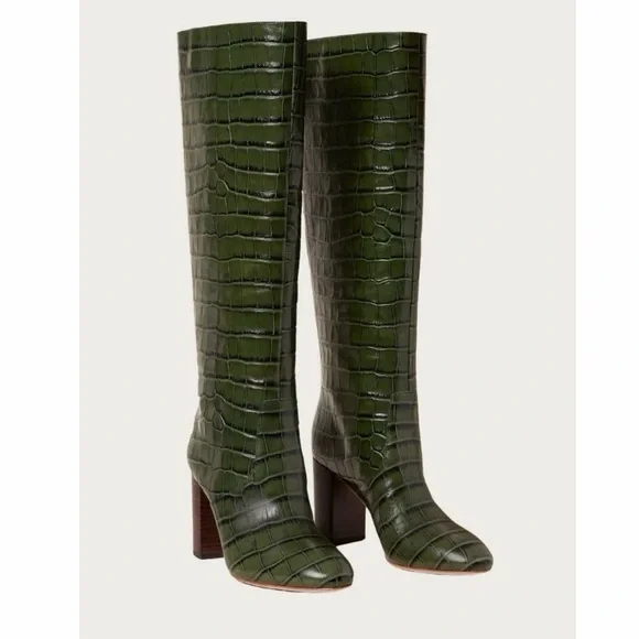 Loeffler Randall Tall Goldy Leather Croc Forest Green Heel Knee Boot Pull On 6 - Picture 2 of 14